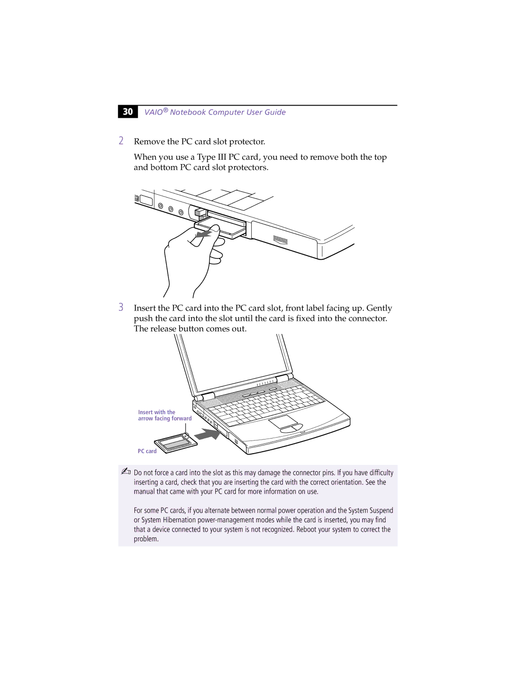 Sony PCG-F430, PCG-F450 manual Insert with the arrow facing forward PC card 