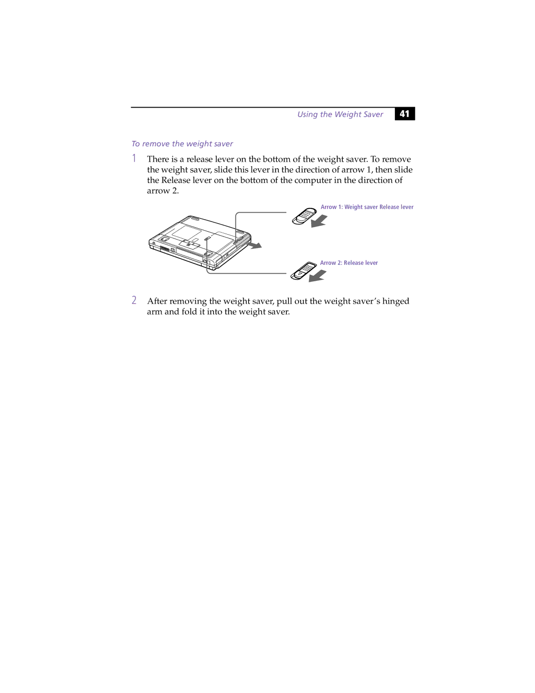 Sony PCG-F450, PCG-F430 manual Using the Weight Saver To remove the weight saver 