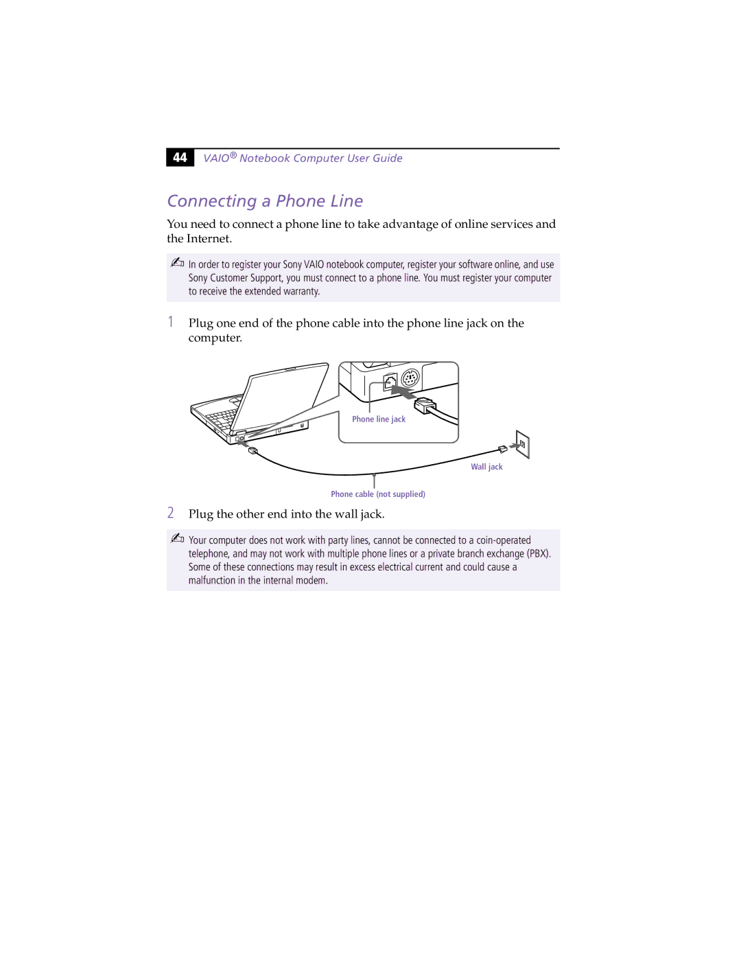 Sony PCG-F430, PCG-F450 manual Connecting a Phone Line, Plug the other end into the wall jack 