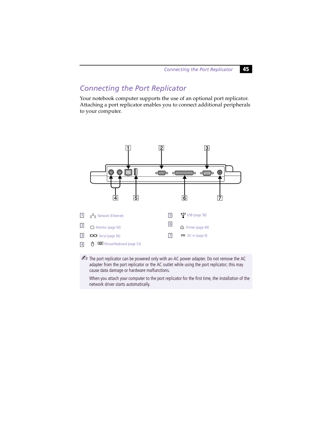 Sony PCG-F450, PCG-F430 manual Connecting the Port Replicator 