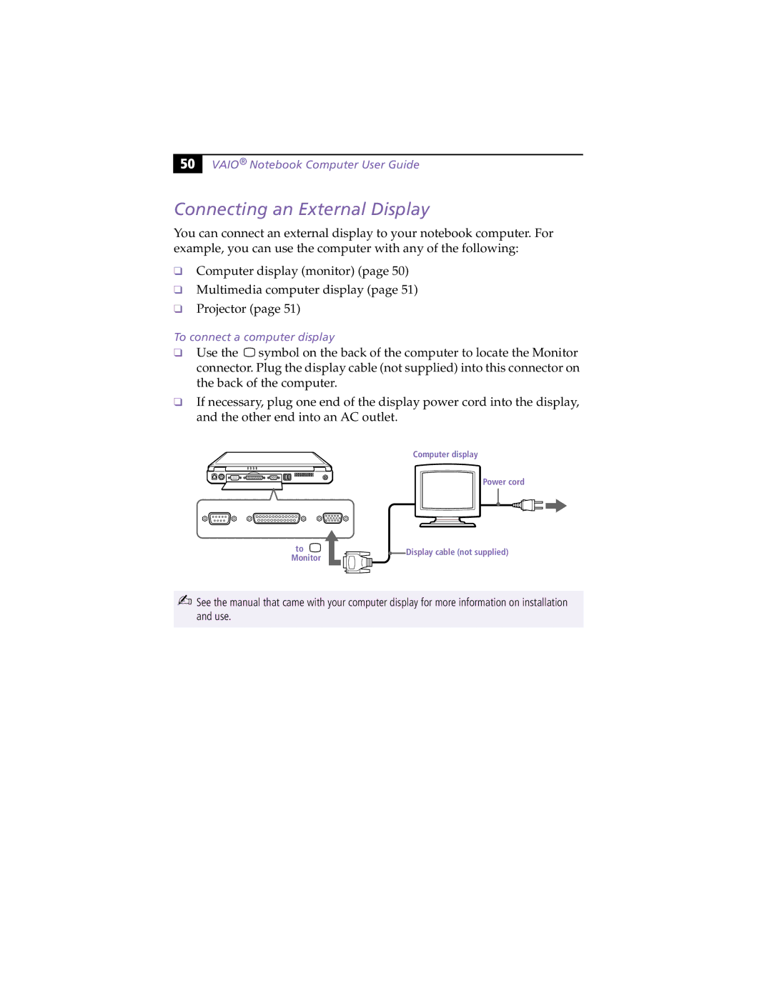 Sony PCG-F430, PCG-F450 manual Connecting an External Display, To connect a computer display 