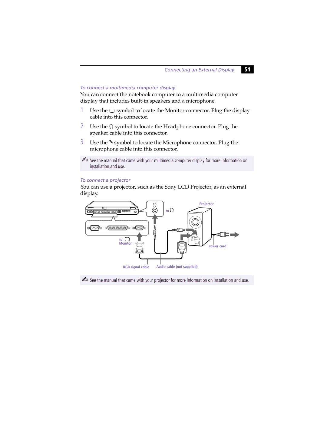 Sony PCG-F450, PCG-F430 manual To connect a projector 