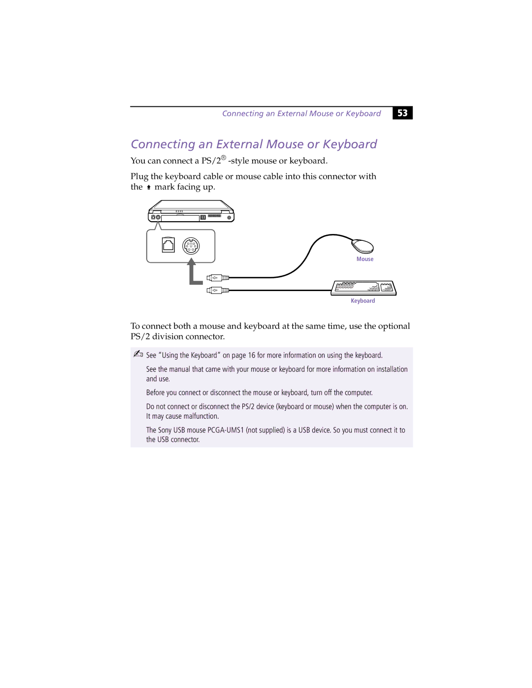 Sony PCG-F450, PCG-F430 manual Connecting an External Mouse or Keyboard 