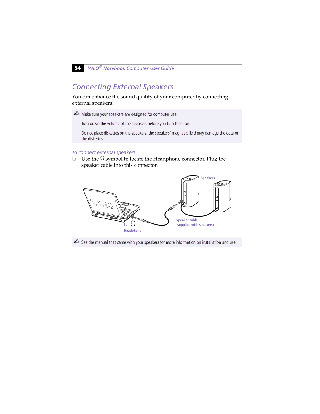 Sony PCG-F430, PCG-F450 manual Connecting External Speakers, To connect external speakers 