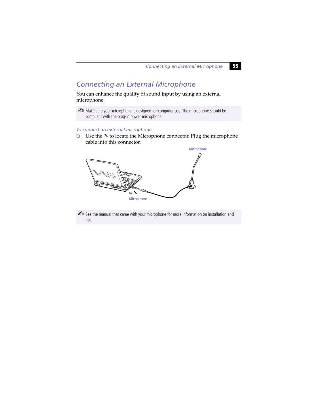 Sony PCG-F450, PCG-F430 manual Connecting an External Microphone, To connect an external microphone 