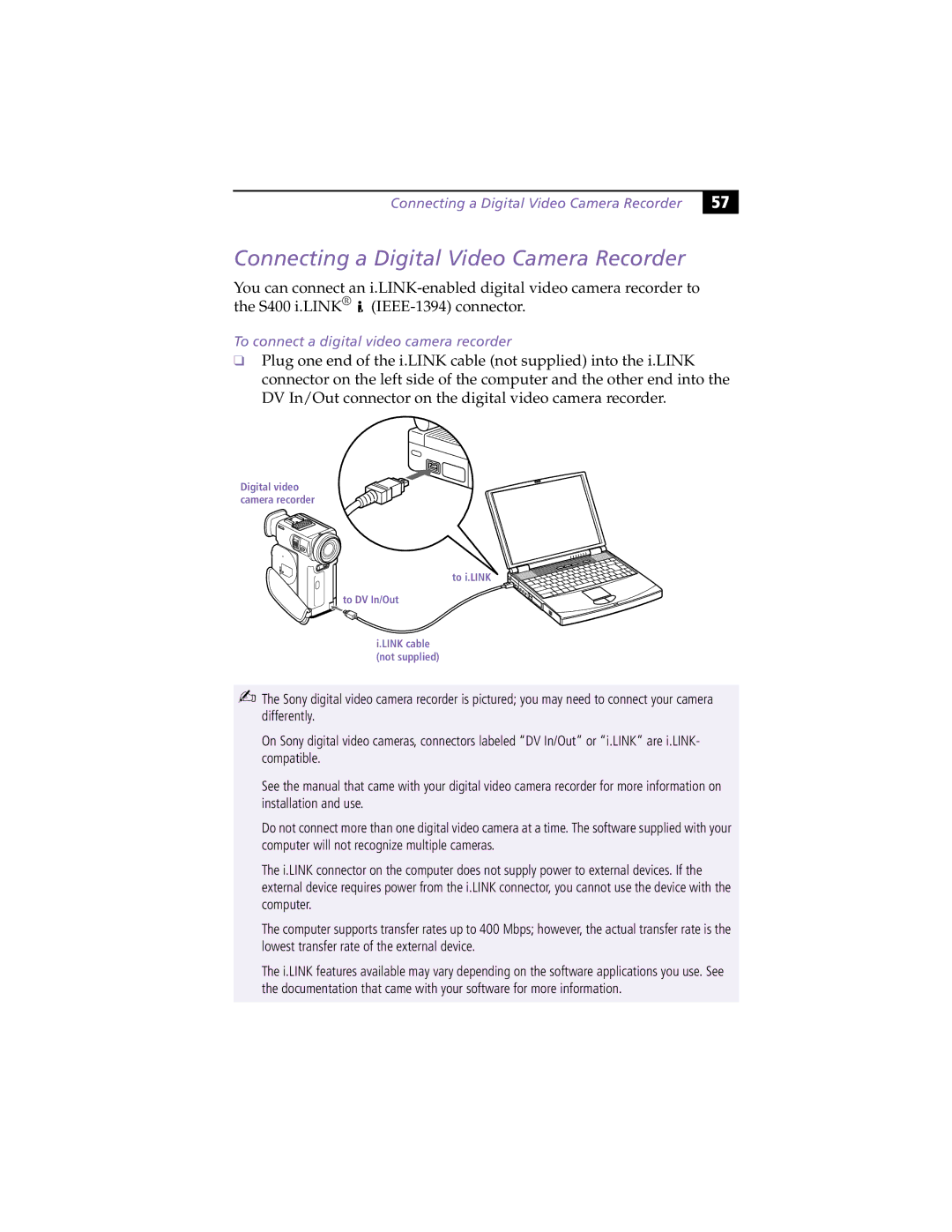 Sony PCG-F450, PCG-F430 manual Connecting a Digital Video Camera Recorder, To connect a digital video camera recorder 