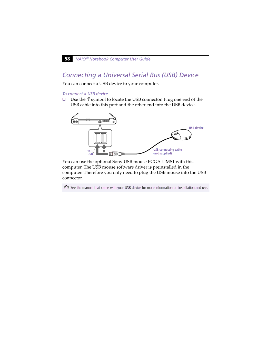 Sony PCG-F430, PCG-F450 manual Connecting a Universal Serial Bus USB Device, To connect a USB device 