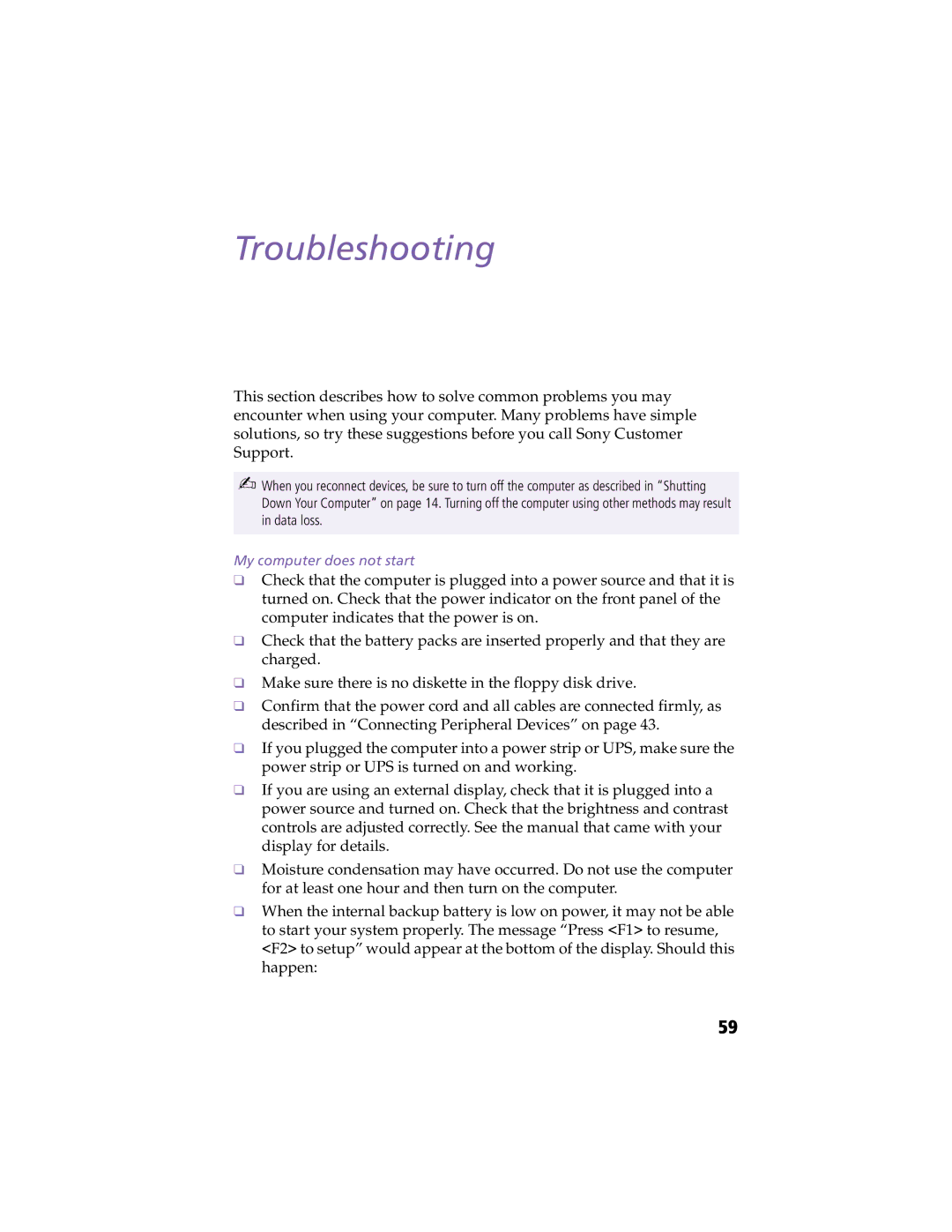 Sony PCG-F450, PCG-F430 manual Troubleshooting, My computer does not start 