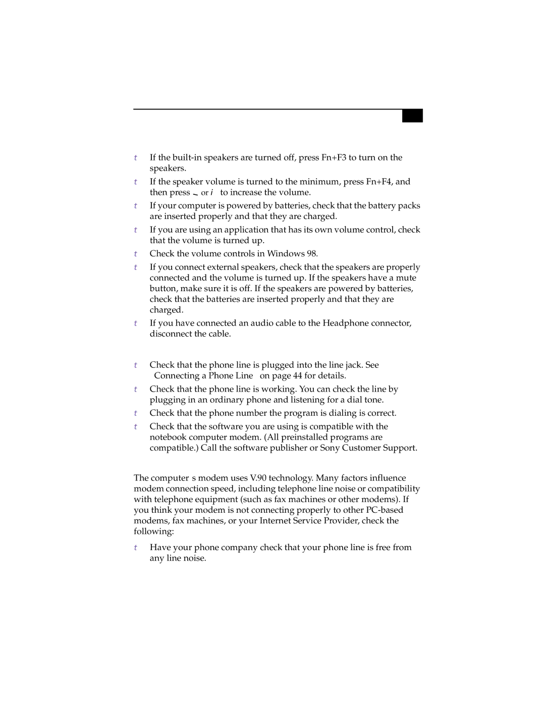 Sony PCG-F450, PCG-F430 Troubleshooting My speakers have no sound, My modem does not work, My modem connection is slow 