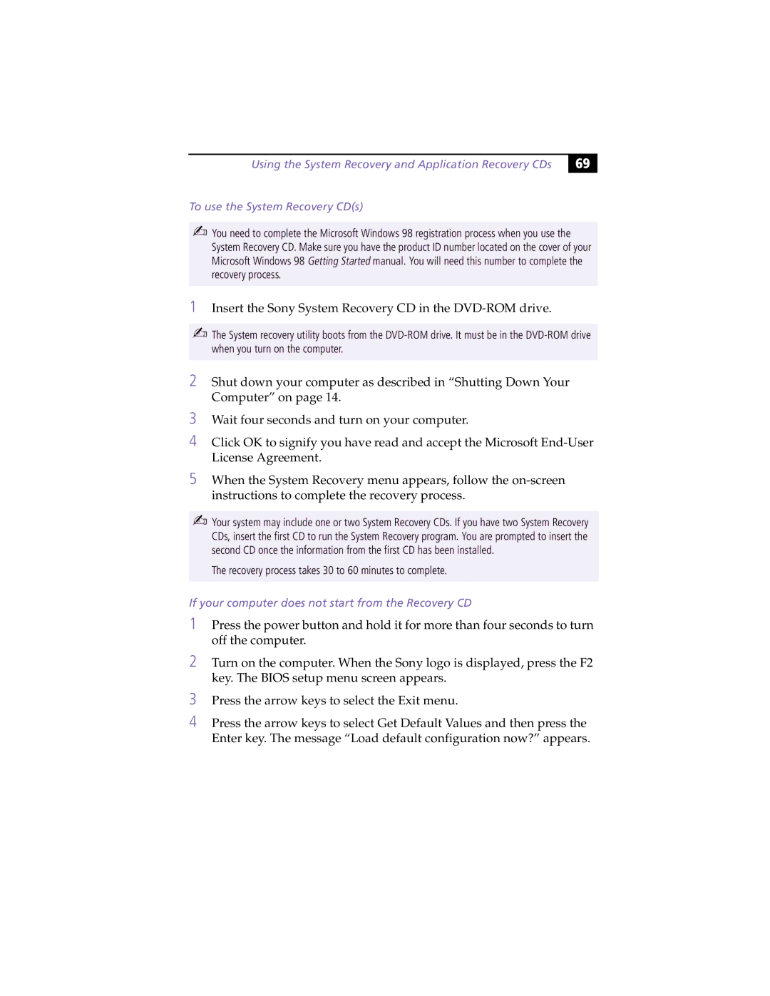 Sony PCG-F450, PCG-F430 manual Insert the Sony System Recovery CD in the DVD-ROM drive 