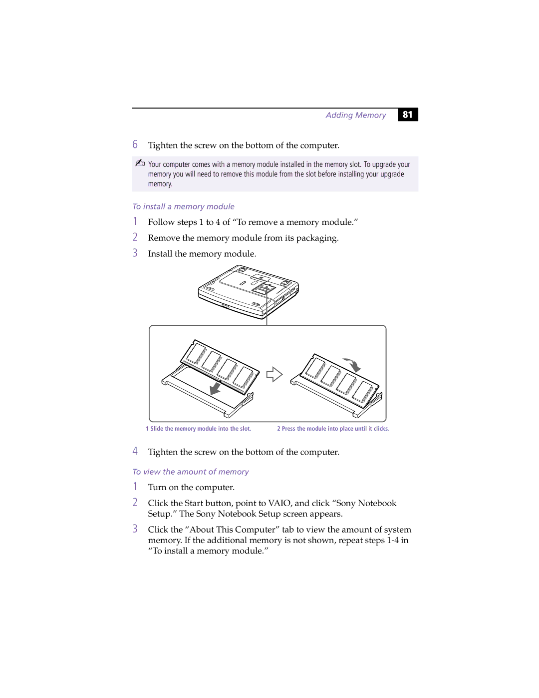 Sony PCG-F450, PCG-F430 manual Adding Memory, To install a memory module, To view the amount of memory 