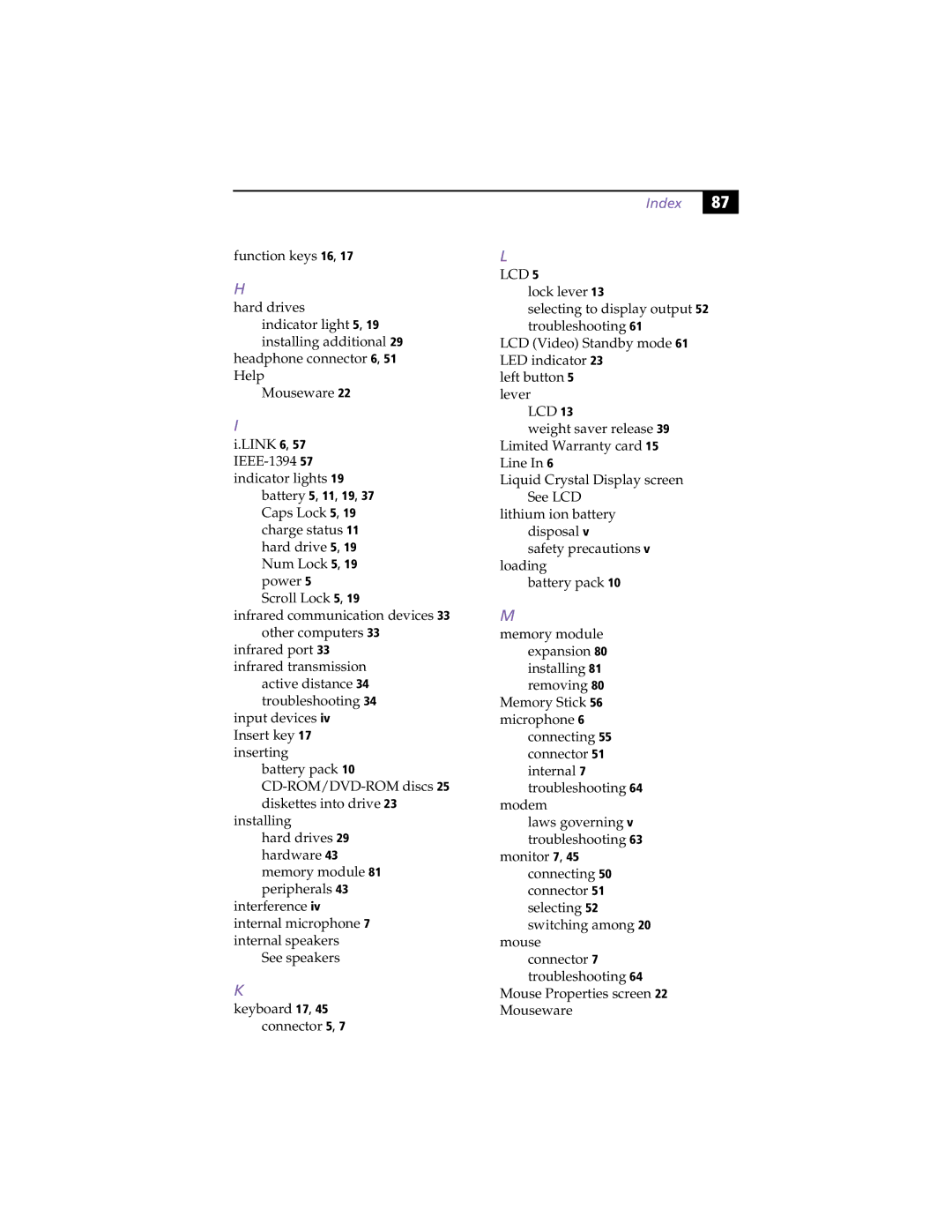 Sony PCG-F450, PCG-F430 manual Index 