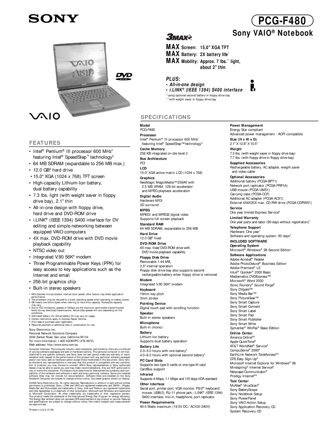 Sony PCG-F480 specifications Lcd, Mpeg, Included Software 