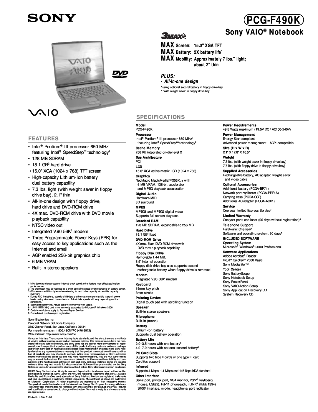 Sony PCG-F490K specifications Sony VAIO Notebook, Plus, Specifications, Features, All-in-one design 