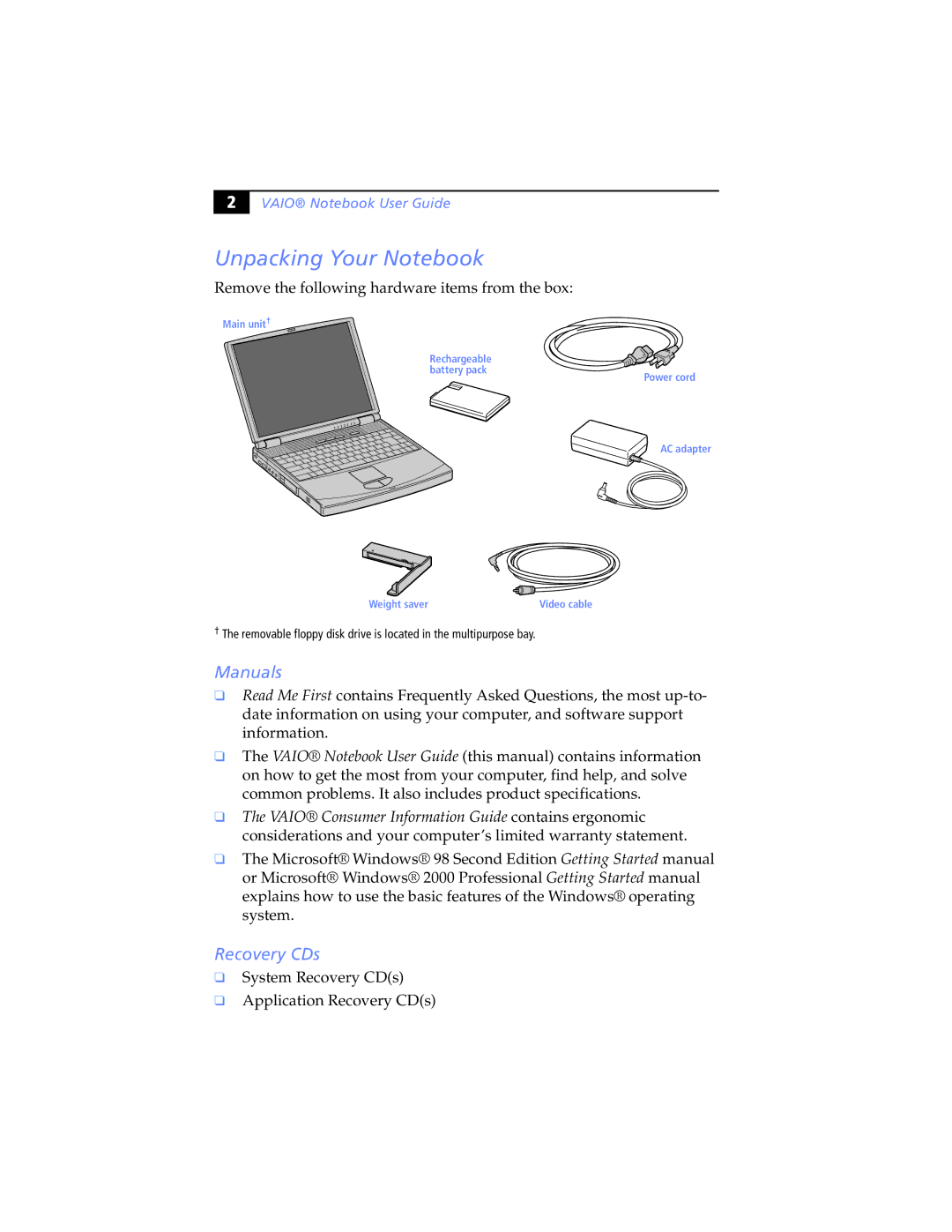 Sony PCG-F570, PCG-F540, PCG-F580K, PCG-F560 manual Unpacking Your Notebook, Manuals, Recovery CDs, Vaio Notebook User Guide 