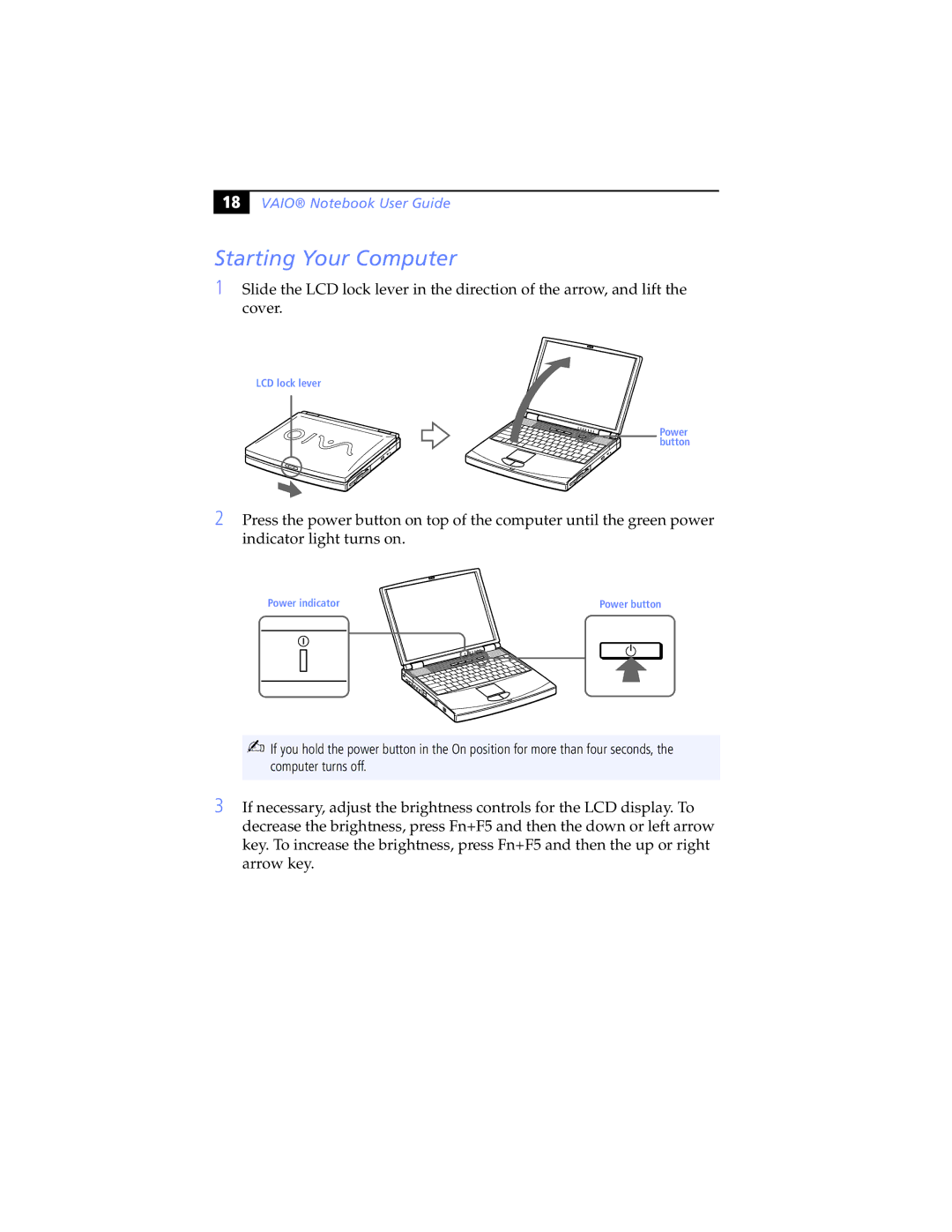 Sony PCG-F580K, PCG-F570, PCG-F560K, PCG-F540K, PCG-F590K manual Starting Your Computer, Vaio Notebook User Guide 