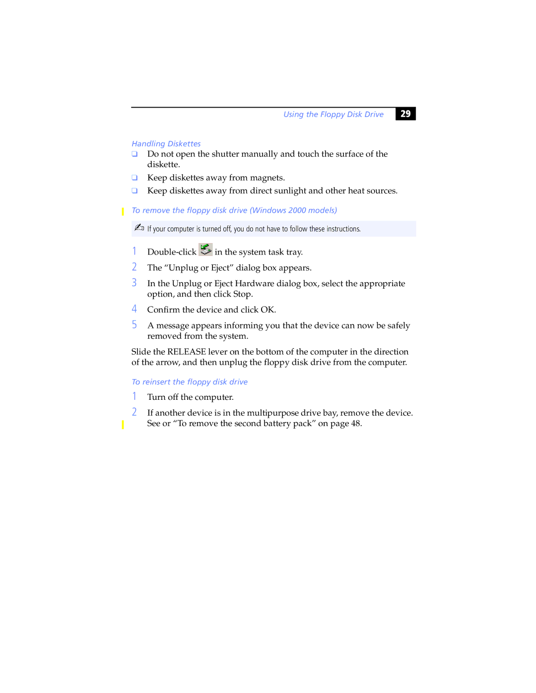 Sony PCG-F570 manual Using the Floppy Disk Drive Handling Diskettes, To remove the floppy disk drive Windows 2000 models 