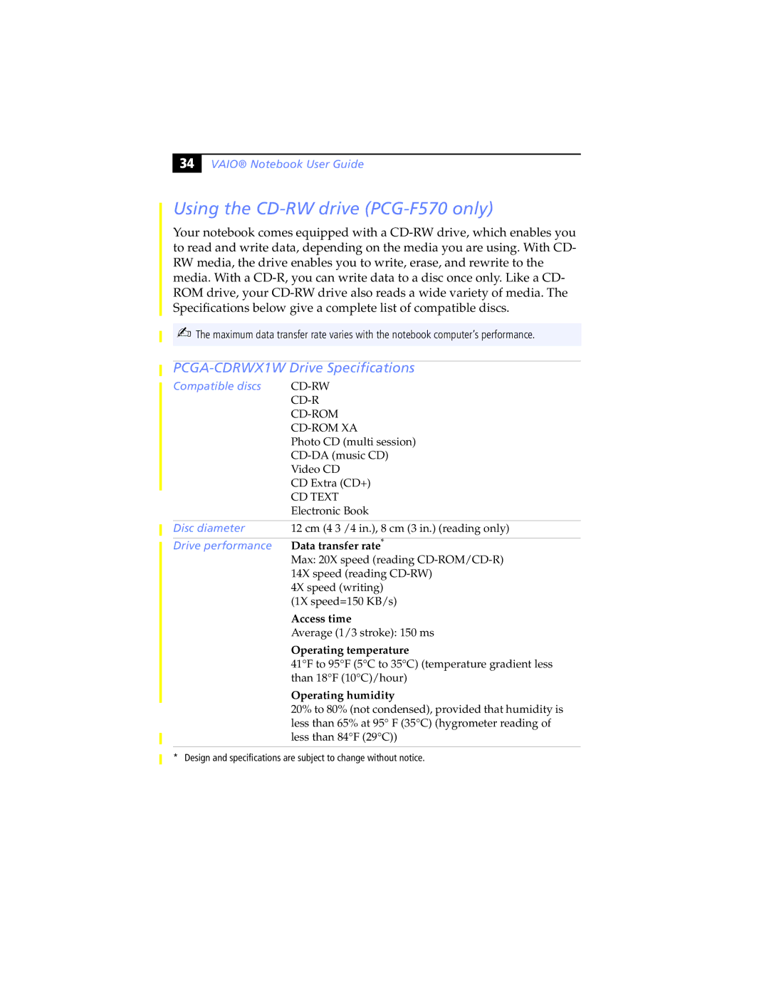 Sony PCG-F580K Using the CD-RW drive PCG-F570 only, PCGA-CDRWX1W Drive Specifications, Compatible discs, Disc diameter 