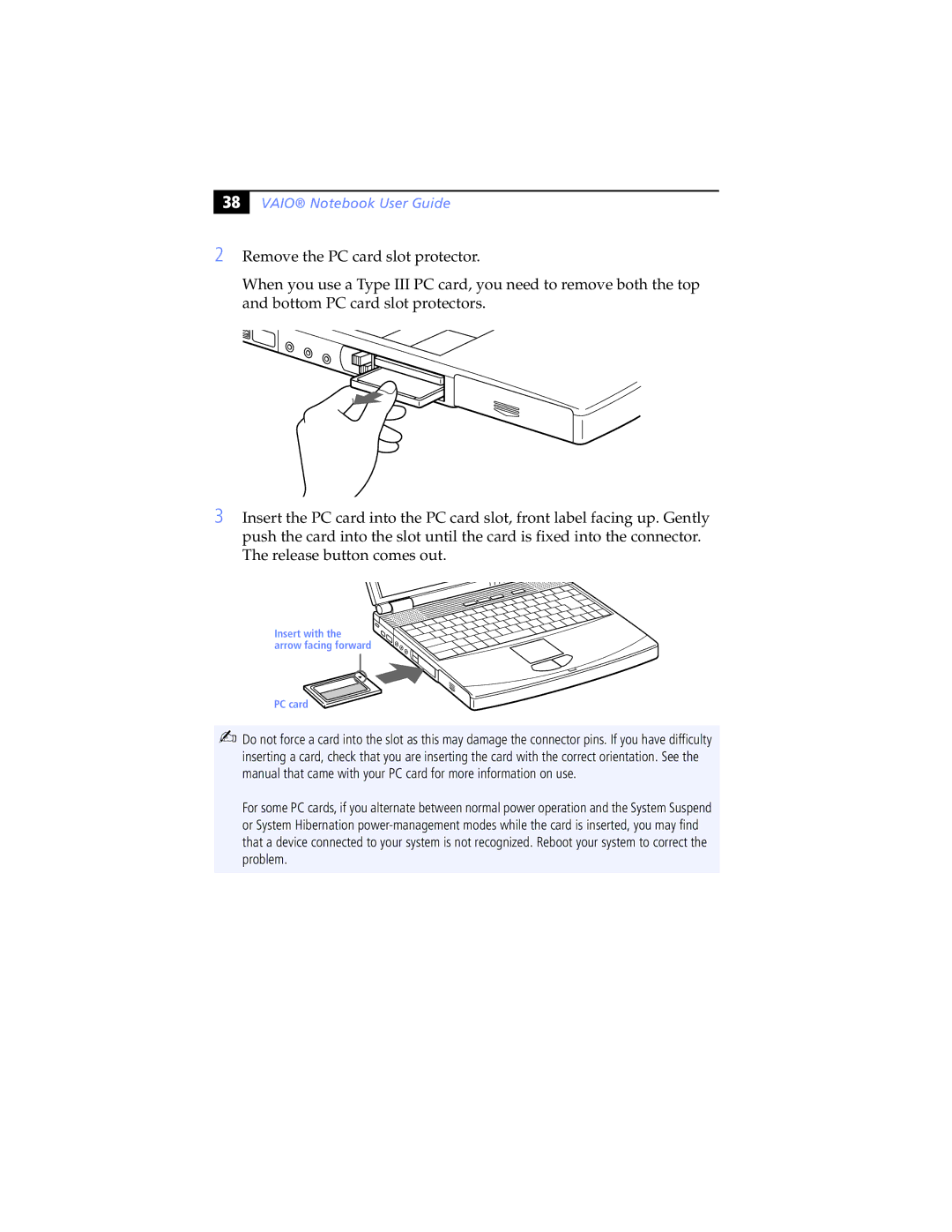 Sony PCG-F570, PCG-F580K, PCG-F560K, PCG-F540K, PCG-F590K manual Insert with the arrow facing forward PC card 