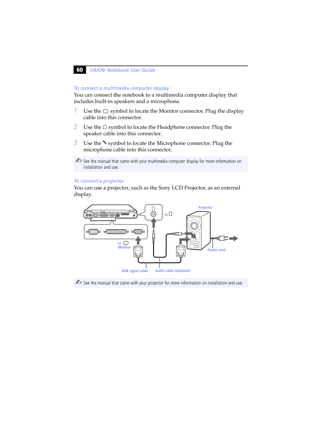 Sony PCG-F580K, PCG-F570, PCG-F560K, PCG-F540K, PCG-F590K manual To connect a projector 