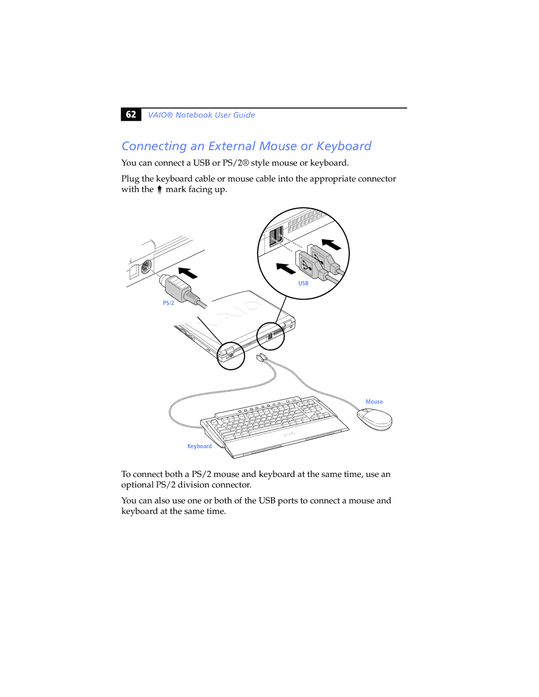 Sony PCG-F540, PCG-F580K, PCG-F560, PCG-F590, PCG-F570 Connecting an External Mouse or Keyboard, Vaio Notebook User Guide 