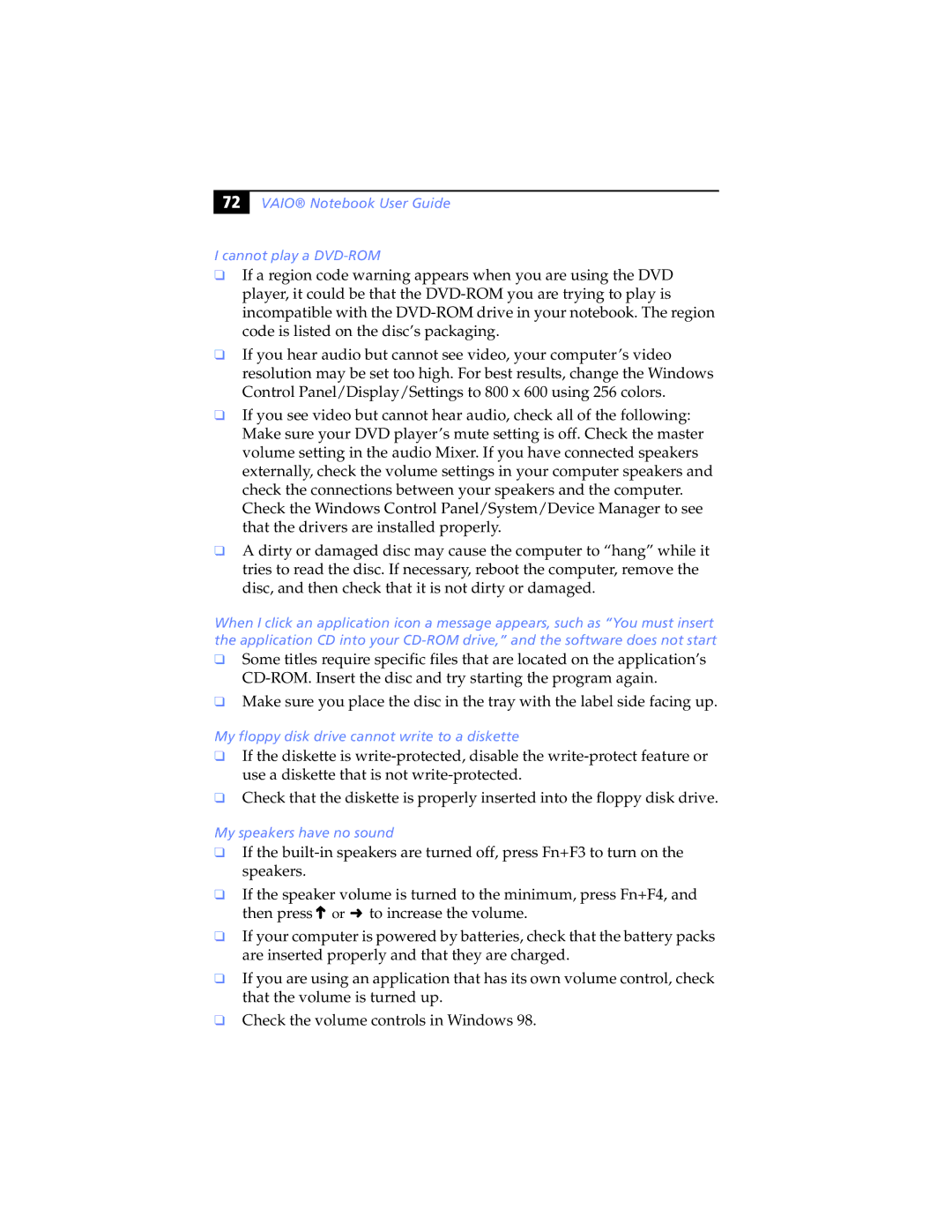 Sony PCG-F560, PCG-F540 Vaio Notebook User Guide Cannot play a DVD-ROM, My floppy disk drive cannot write to a diskette 