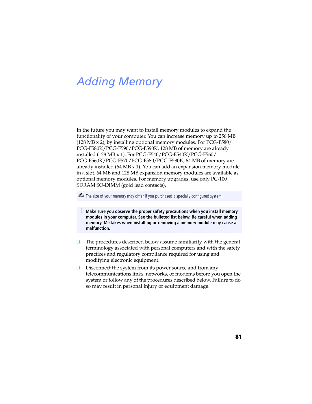 Sony PCG-F580K, PCG-F570, PCG-F560K, PCG-F540K, PCG-F590K manual Adding Memory 