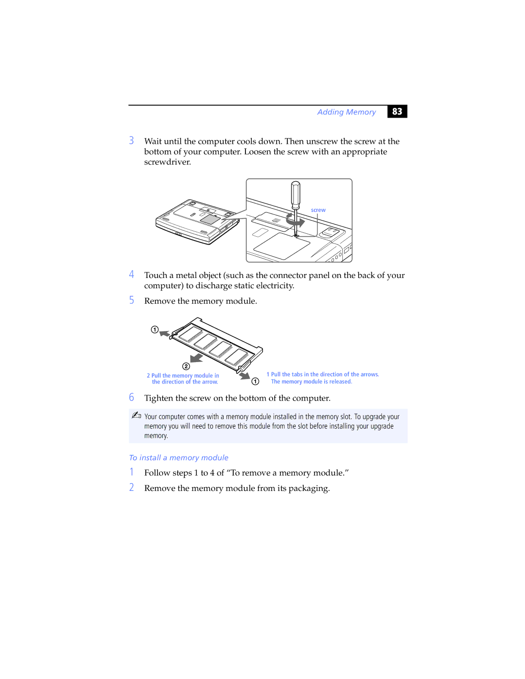 Sony PCG-F570, PCG-F580K, PCG-F560K, PCG-F540K, PCG-F590K manual Adding Memory, To install a memory module 