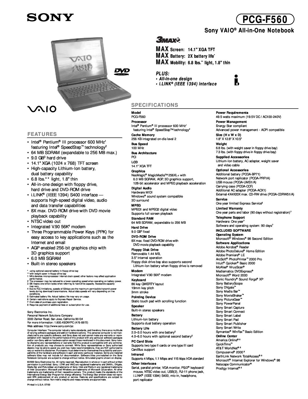 Sony PCG-F560 specifications Sony VAIO All-in-One Notebook, Plus, Specifications, Features, XGA 1024 x 768 TFT screen 