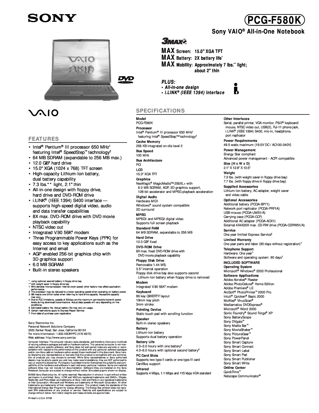 Sony PCG-F580K specifications Sony VAIO All-in-One Notebook, Features, Plus, Specifications 