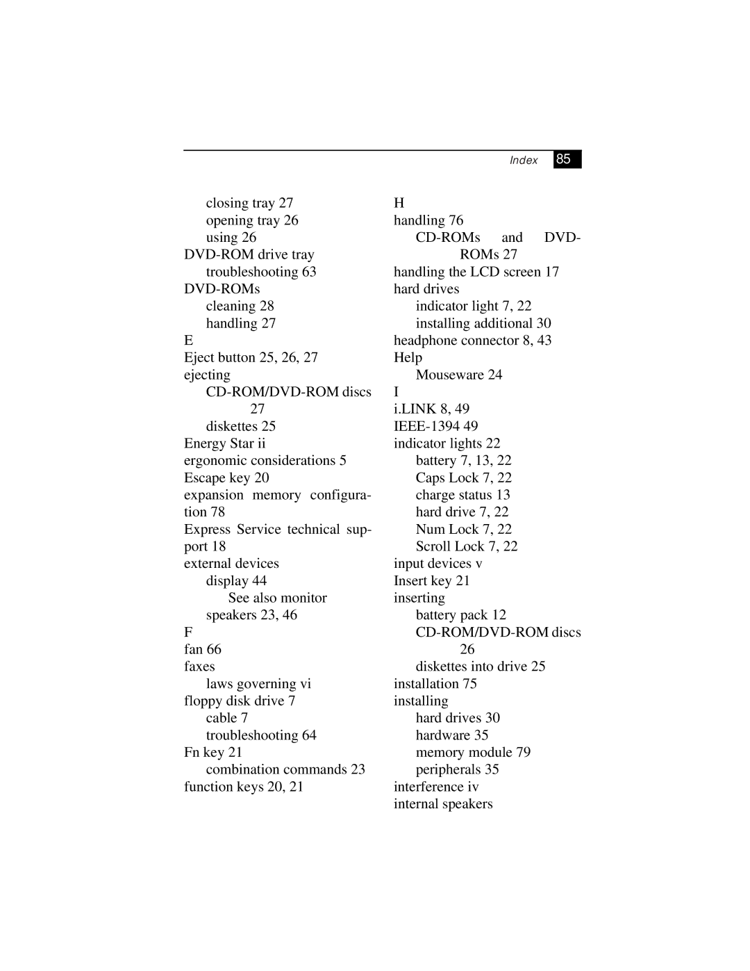 Sony PCG-F630, PCG-F610 manual Index 