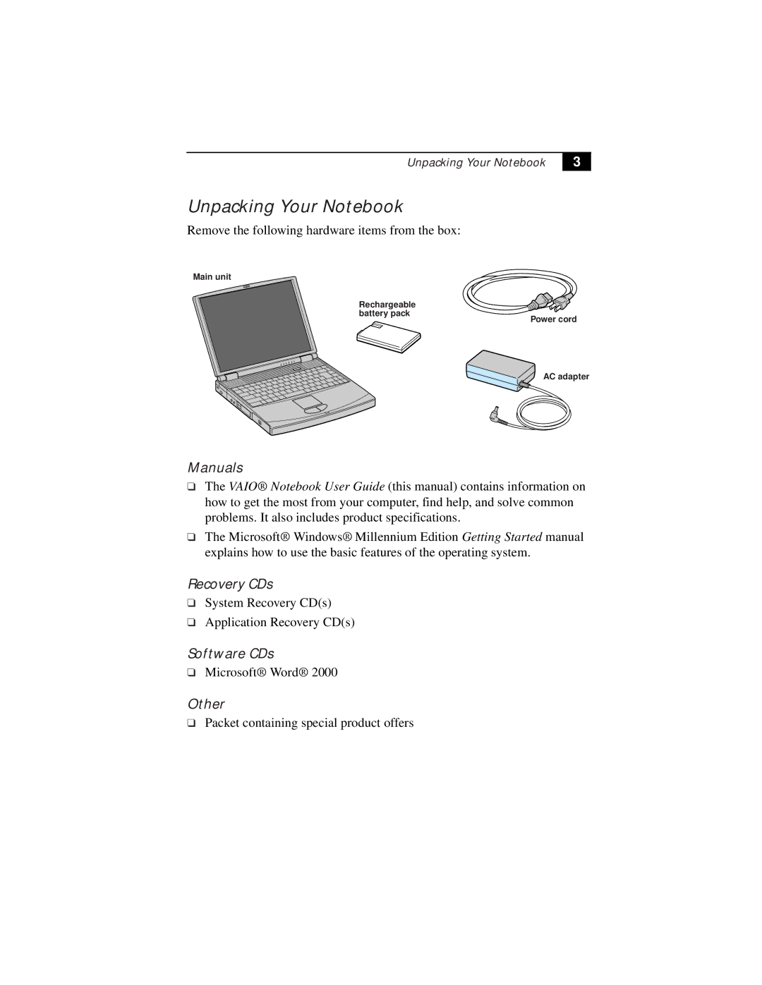 Sony PCG-F630, PCG-F610 manual Unpacking Your Notebook, Manuals, Recovery CDs, Software CDs, Other 