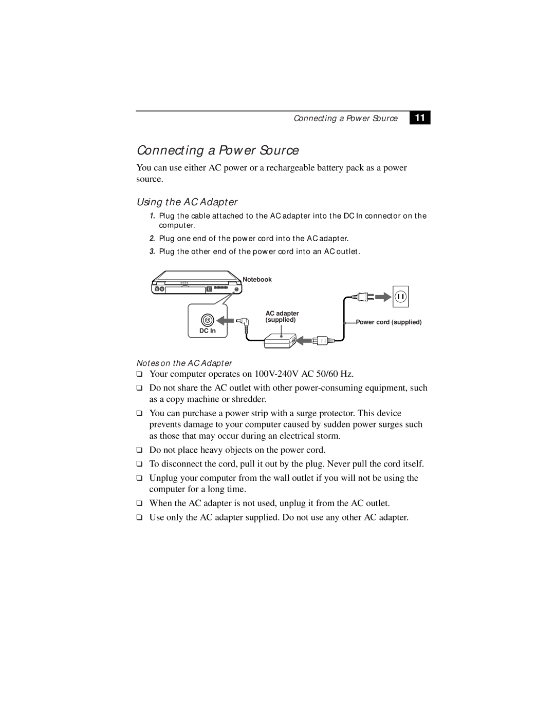 Sony PCG-F630, PCG-F610 manual Connecting a Power Source, Using the AC Adapter 