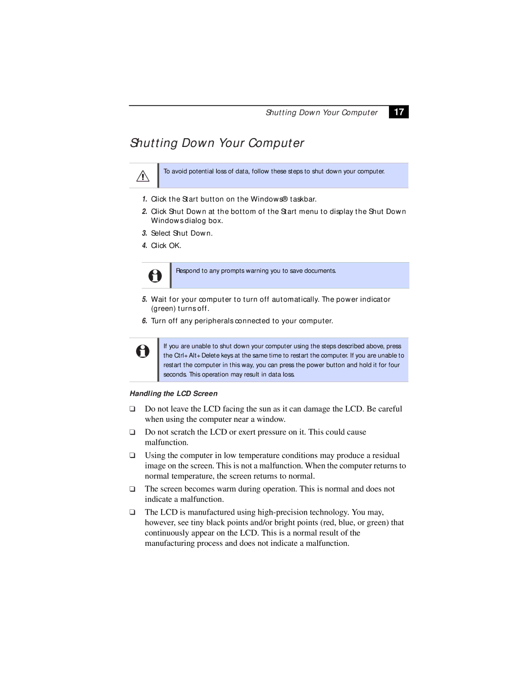 Sony PCG-F630, PCG-F610 manual Shutting Down Your Computer 