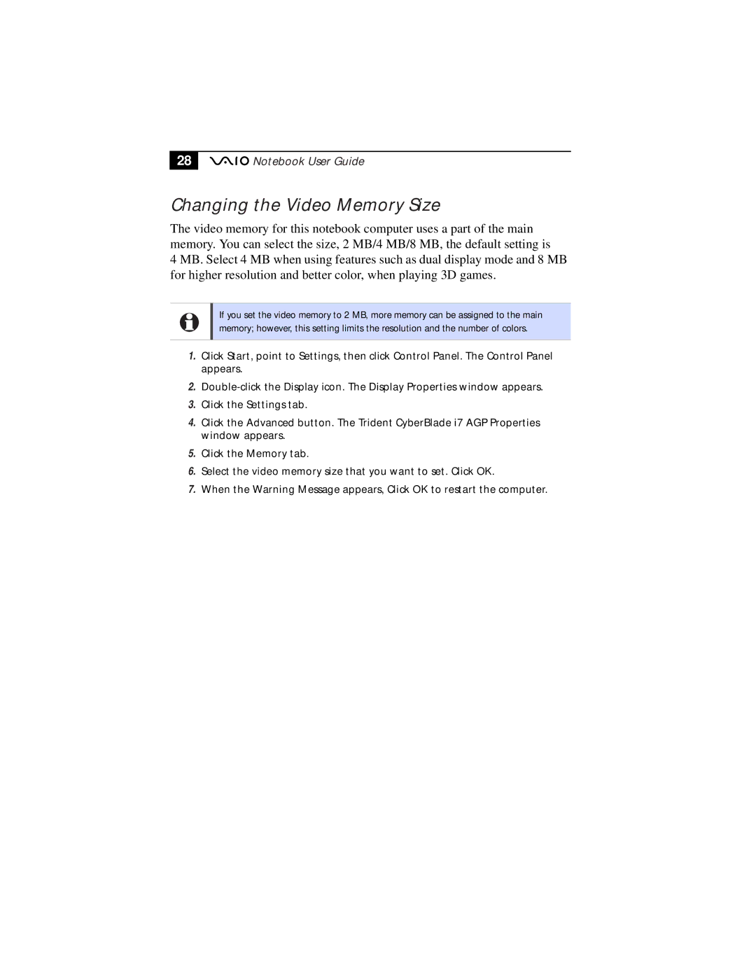 Sony PCG-F610, PCG-F630 manual Changing the Video Memory Size 