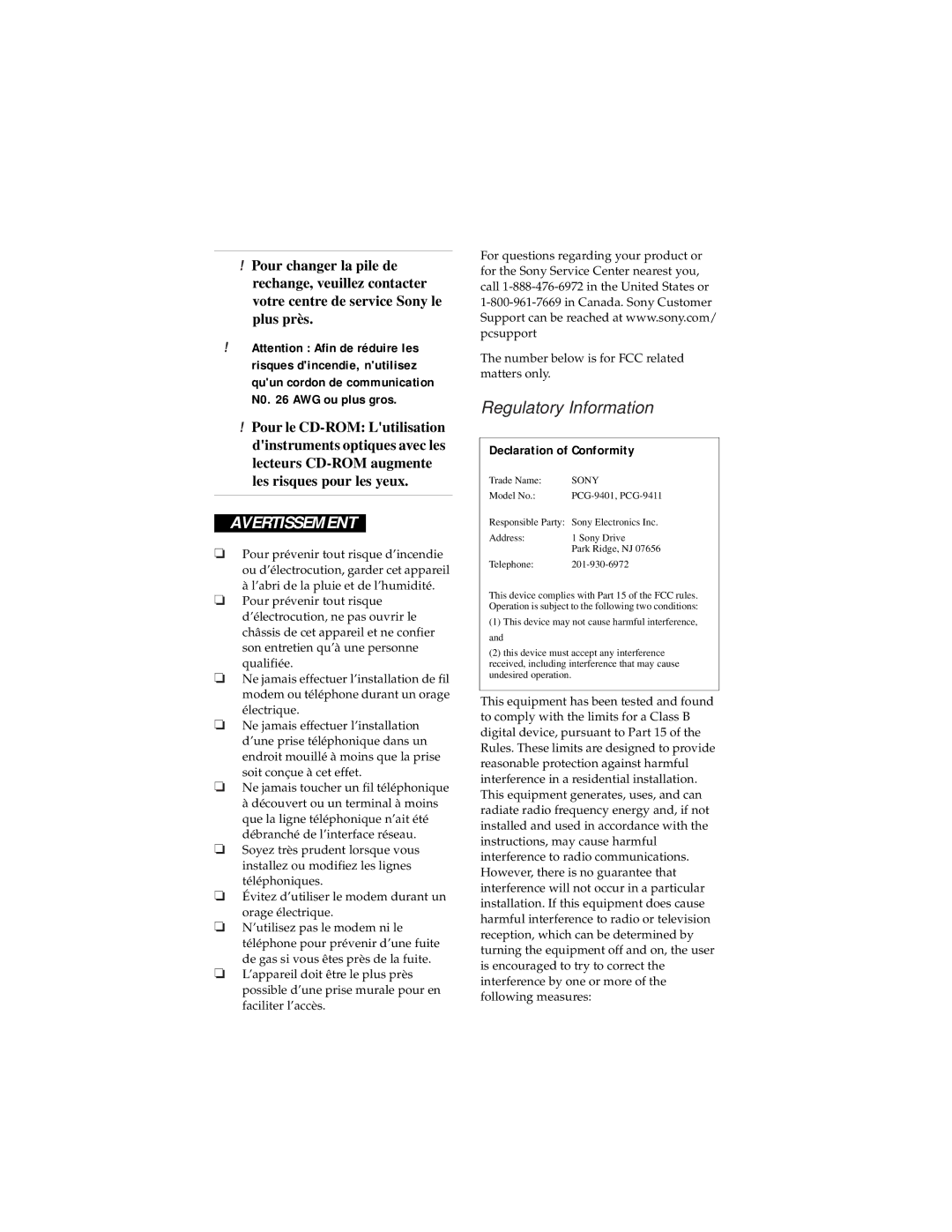 Sony PCG-F610, PCG-F630 manual Regulatory Information 