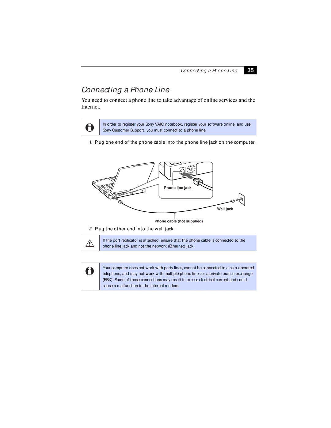 Sony PCG-F630, PCG-F610 manual Connecting a Phone Line 