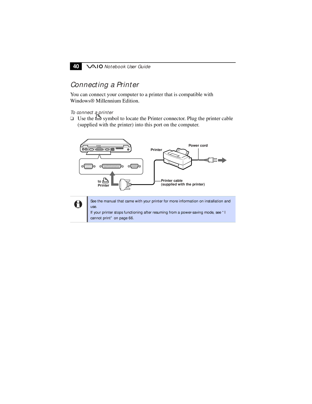 Sony PCG-F610, PCG-F630 manual Connecting a Printer, To connect a printer 