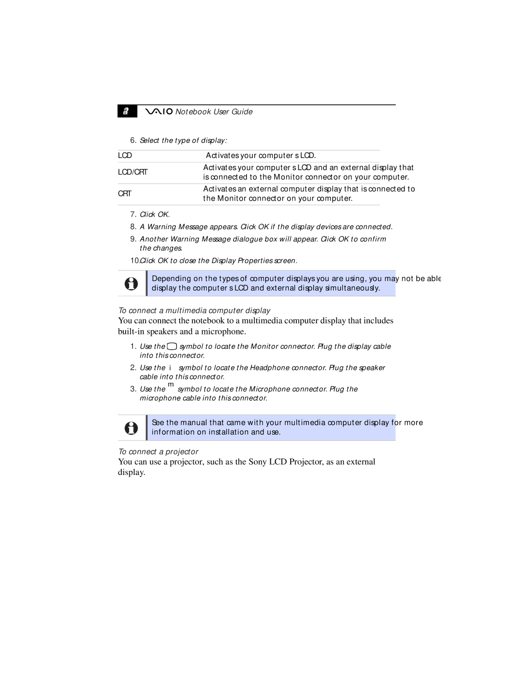 Sony PCG-F610, PCG-F630 manual To connect a multimedia computer display, To connect a projector 