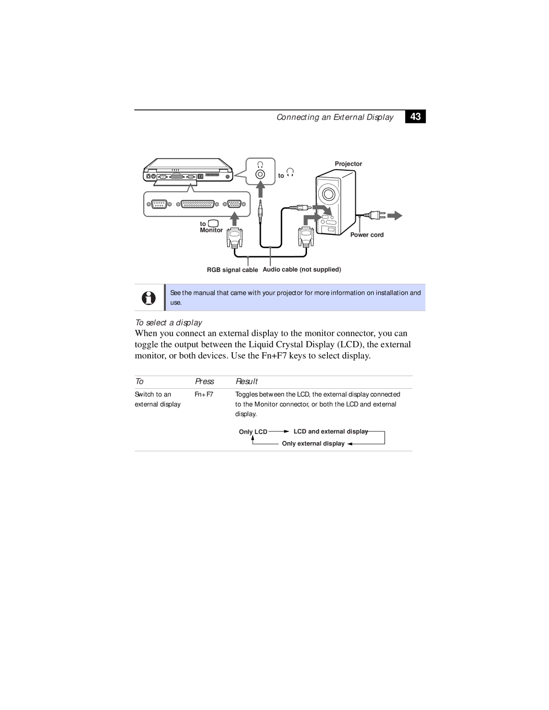 Sony PCG-F630, PCG-F610 manual To select a display, Press Result Switch to an Fn+F7, External display, Display 