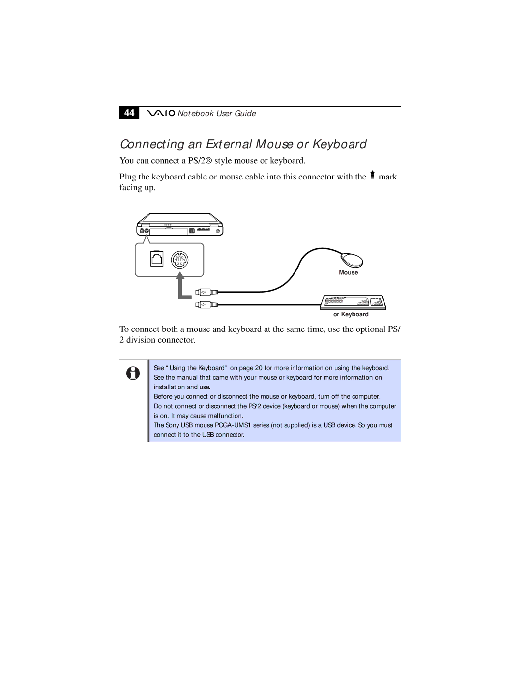 Sony PCG-F610, PCG-F630 manual Connecting an External Mouse or Keyboard 