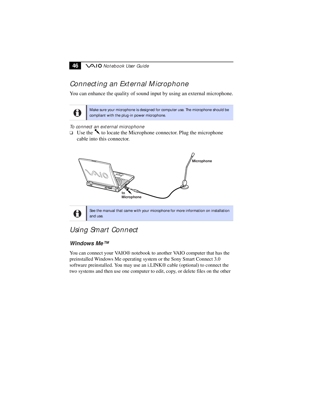 Sony PCG-F610, PCG-F630 manual Connecting an External Microphone, Using Smart Connect, To connect an external microphone 