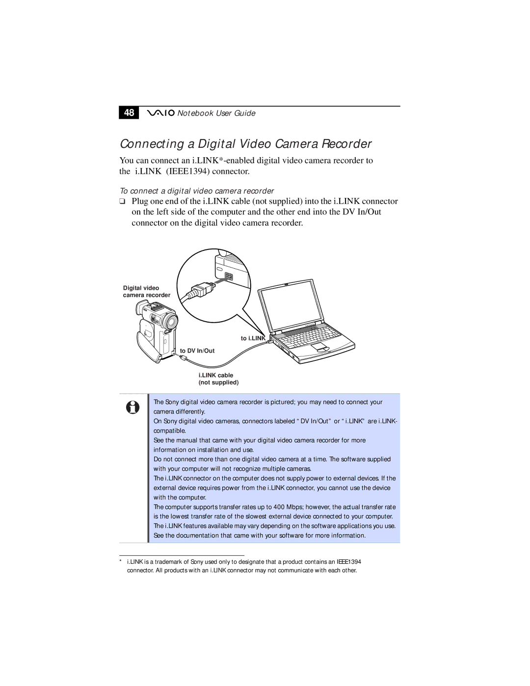 Sony PCG-F610, PCG-F630 manual Connecting a Digital Video Camera Recorder, To connect a digital video camera recorder 