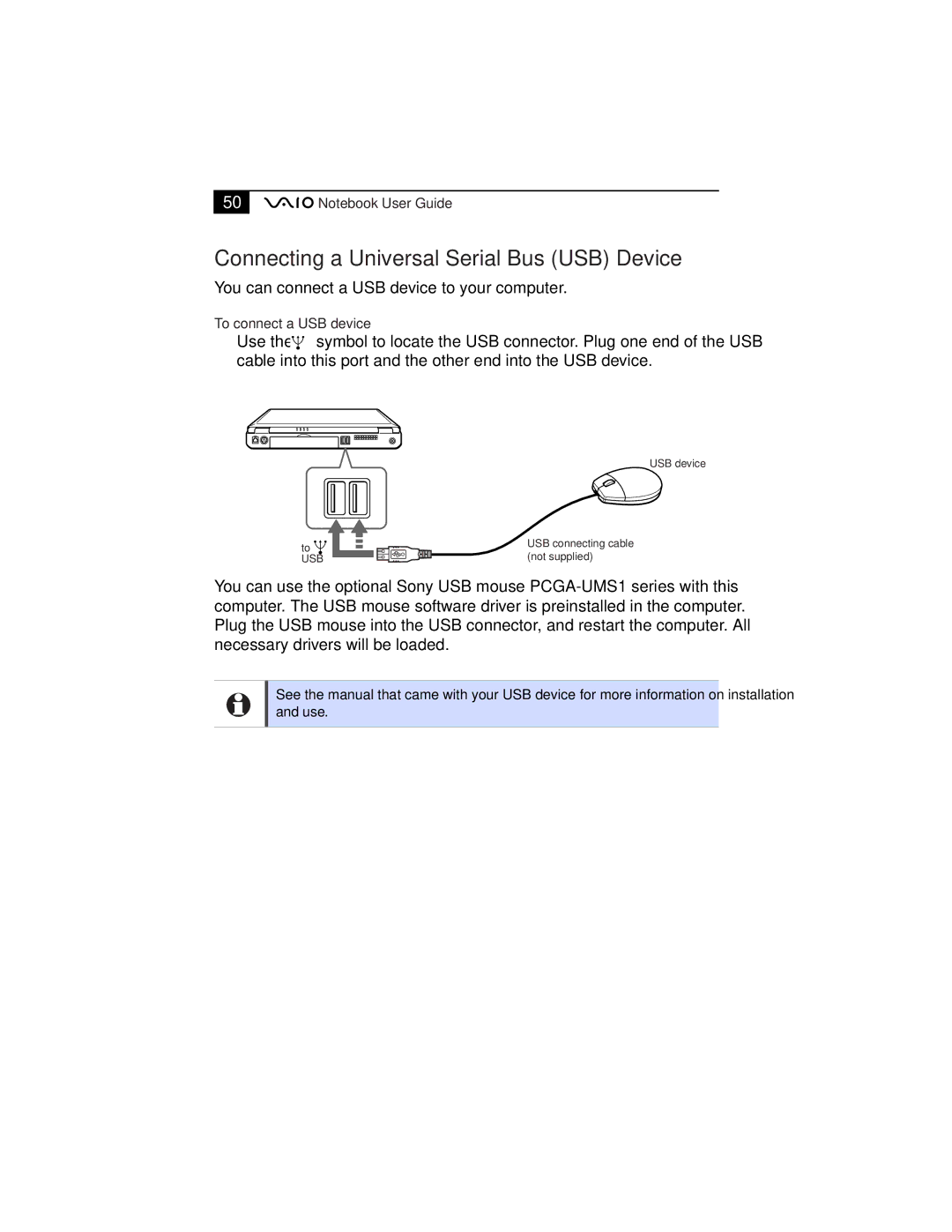 Sony PCG-F610, PCG-F630 manual Connecting a Universal Serial Bus USB Device, To connect a USB device 