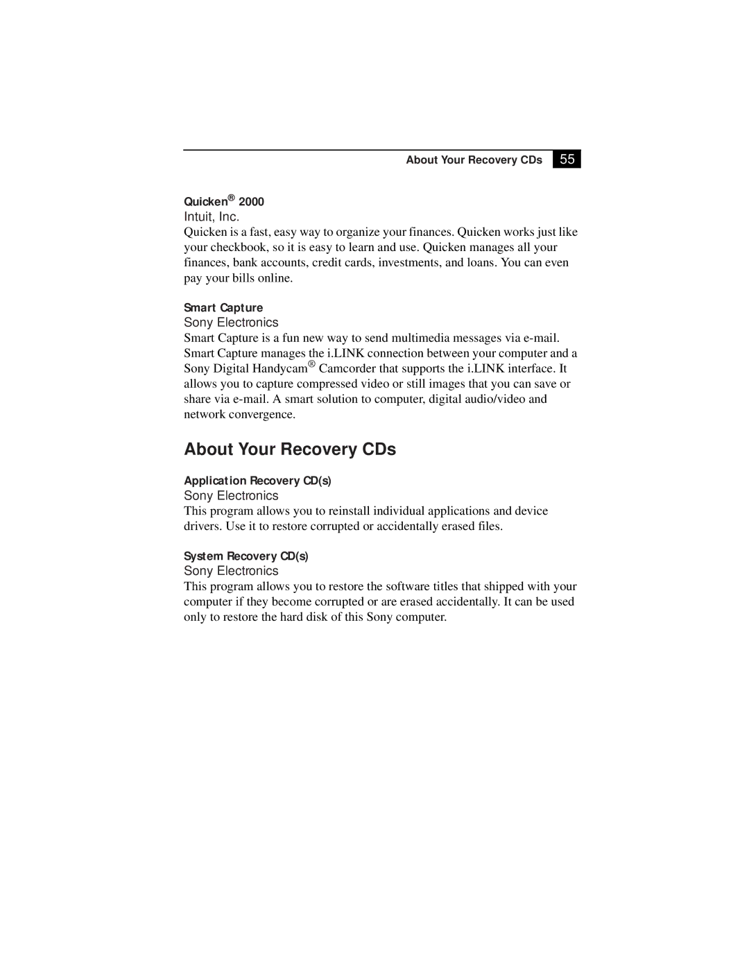 Sony PCG-F630, PCG-F610 manual About Your Recovery CDs 