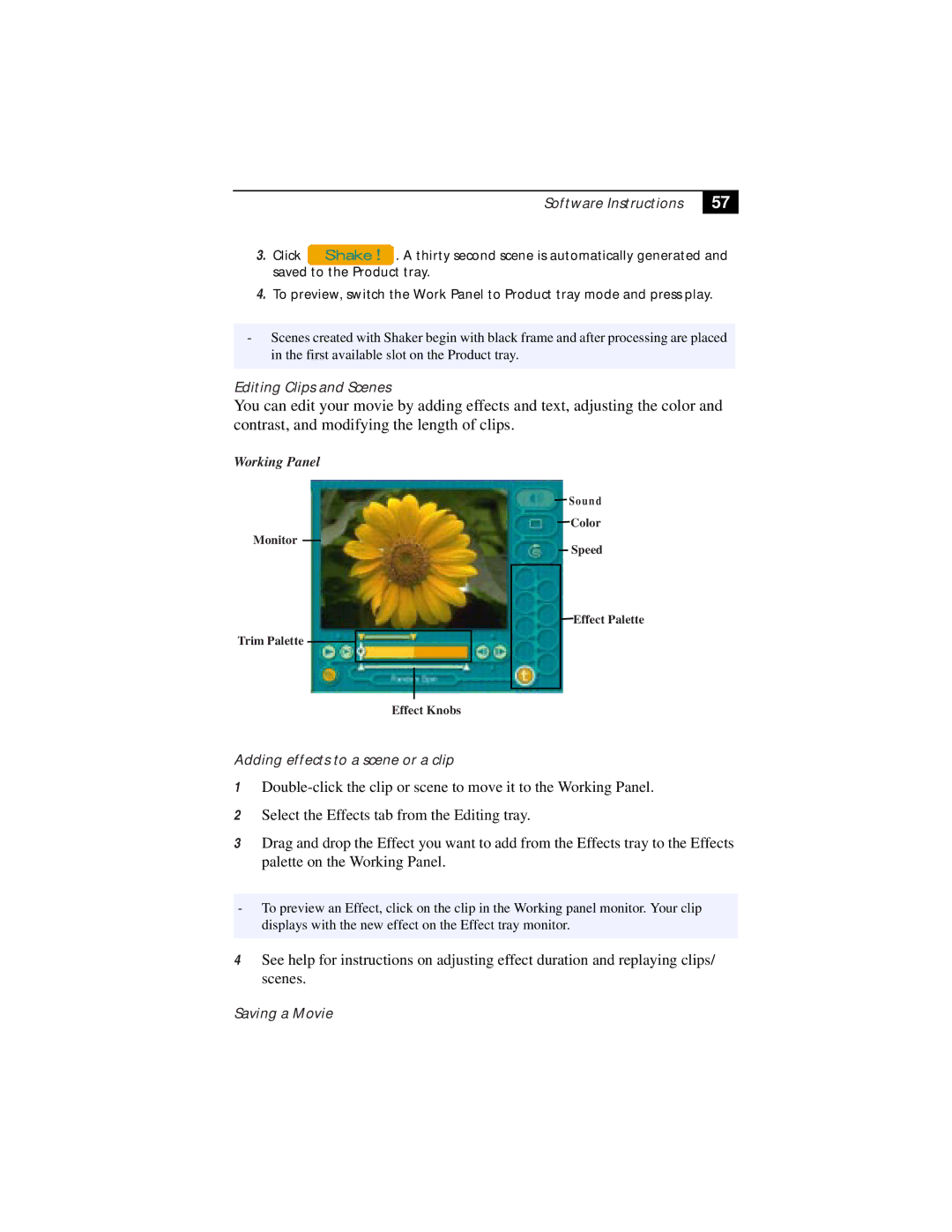 Sony PCG-F630 manual Software Instructions, Editing Clips and Scenes, Adding effects to a scene or a clip, Saving a Movie 