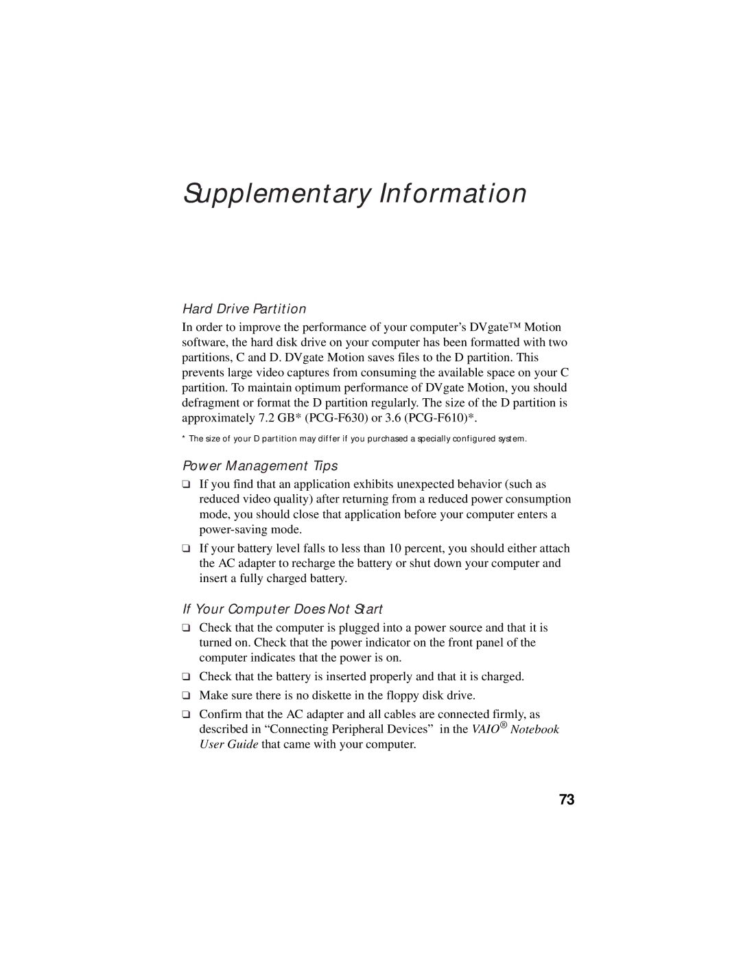 Sony PCG-F630, PCG-F610 manual Hard Drive Partition, Power Management Tips, If Your Computer Does Not Start 