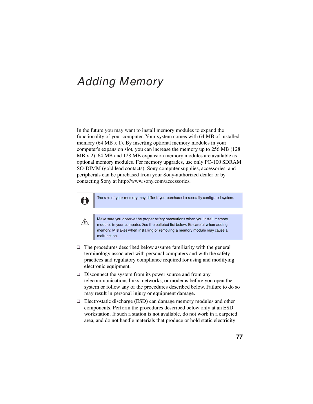 Sony PCG-F630, PCG-F610 manual Adding Memory 