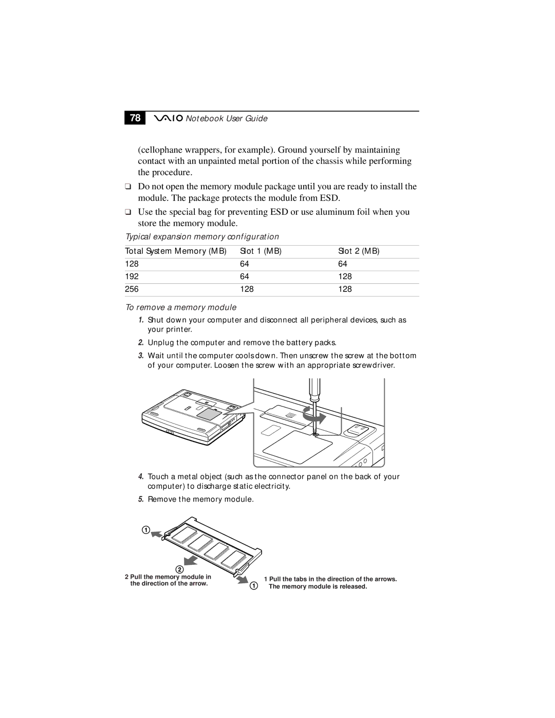 Sony PCG-F610, PCG-F630 manual Typical expansion memory configuration, To remove a memory module 