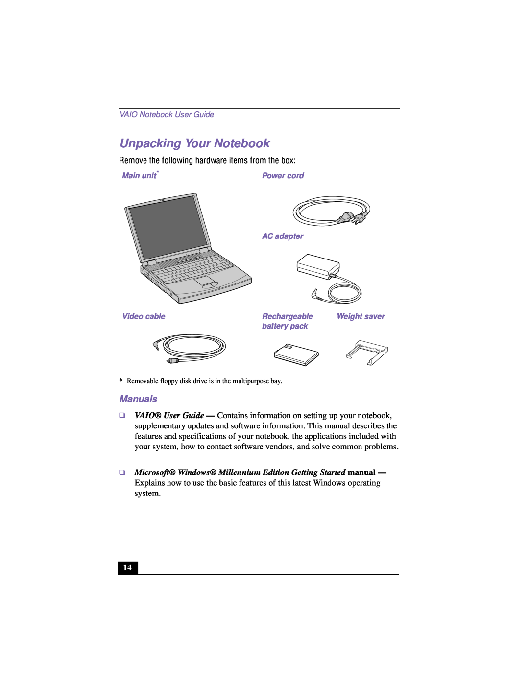Sony PCG-F640 manual Unpacking Your Notebook, Manuals 